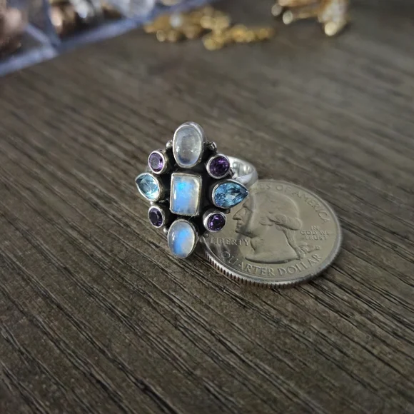 Nicky Butler 925 Sterling Silver Moonstone Blue Topaz Amethyst Ring Sz 7 Vintage - Picture 13 of 16